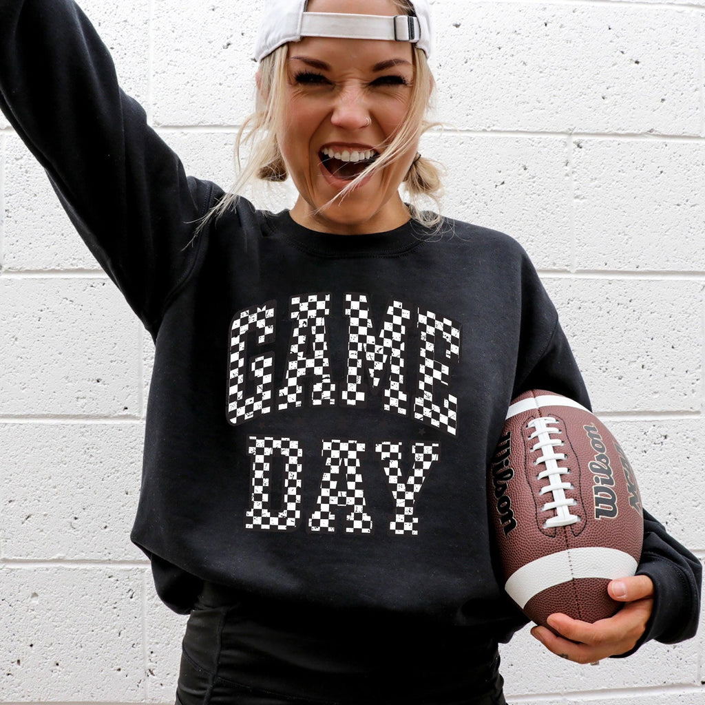 Game Day, Checkered, Football, Sports, Big Game, Touchdown, Tailgate Party Sweatshirt, Crew Neck, Te
