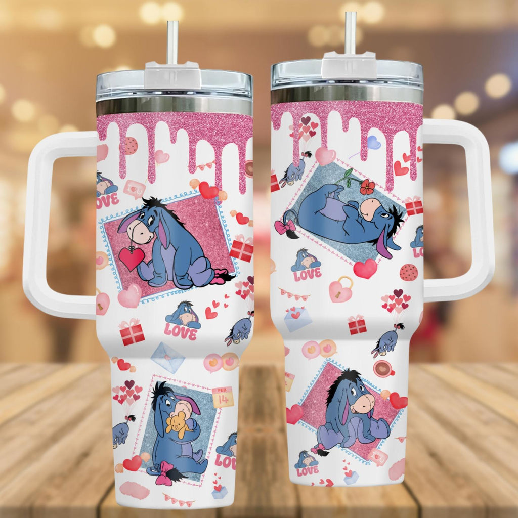 Eeyore Valentine 40oz Tumbler, Winnie The Pooh Donkey Coffee Tumbler, Eeyore Heart Pattern Cup, Eeyo
