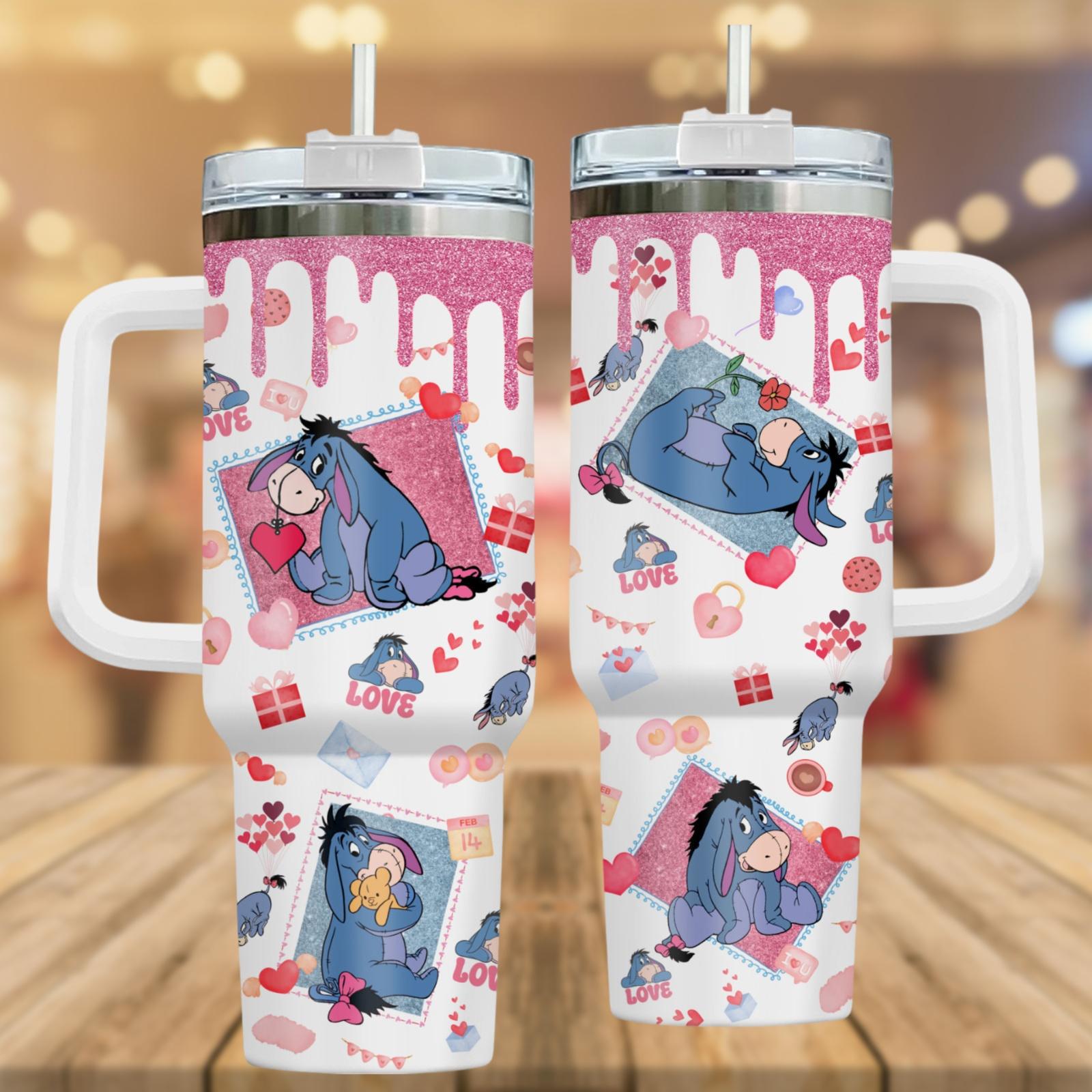 Eeyore Valentine 40oz Tumbler, Winnie The Pooh Donkey Coffee Tumbler, Eeyore Heart Pattern Cup, Eeyo
