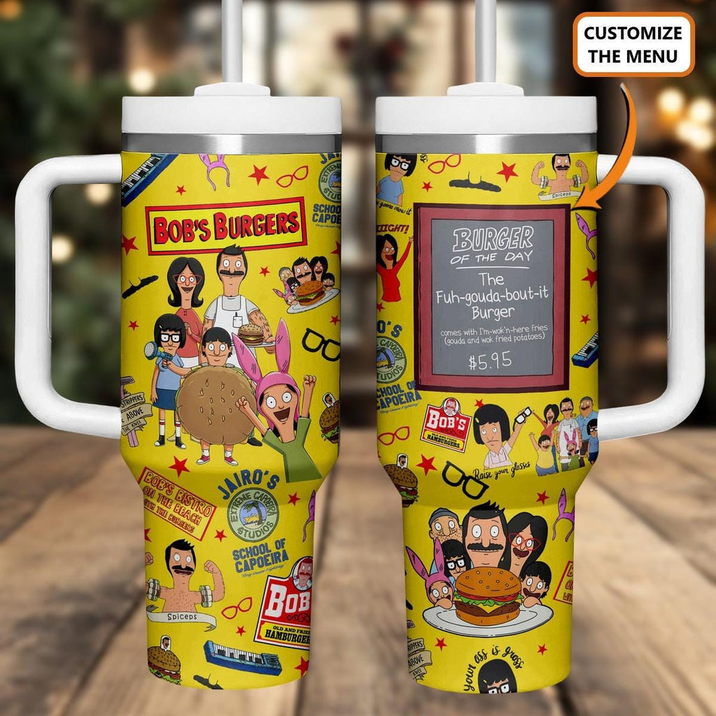 Bob’s Burgers 40oz Tumbler With Handle, Cartoon Family Cup, Custom Burger Menu Stainless Steel Trave