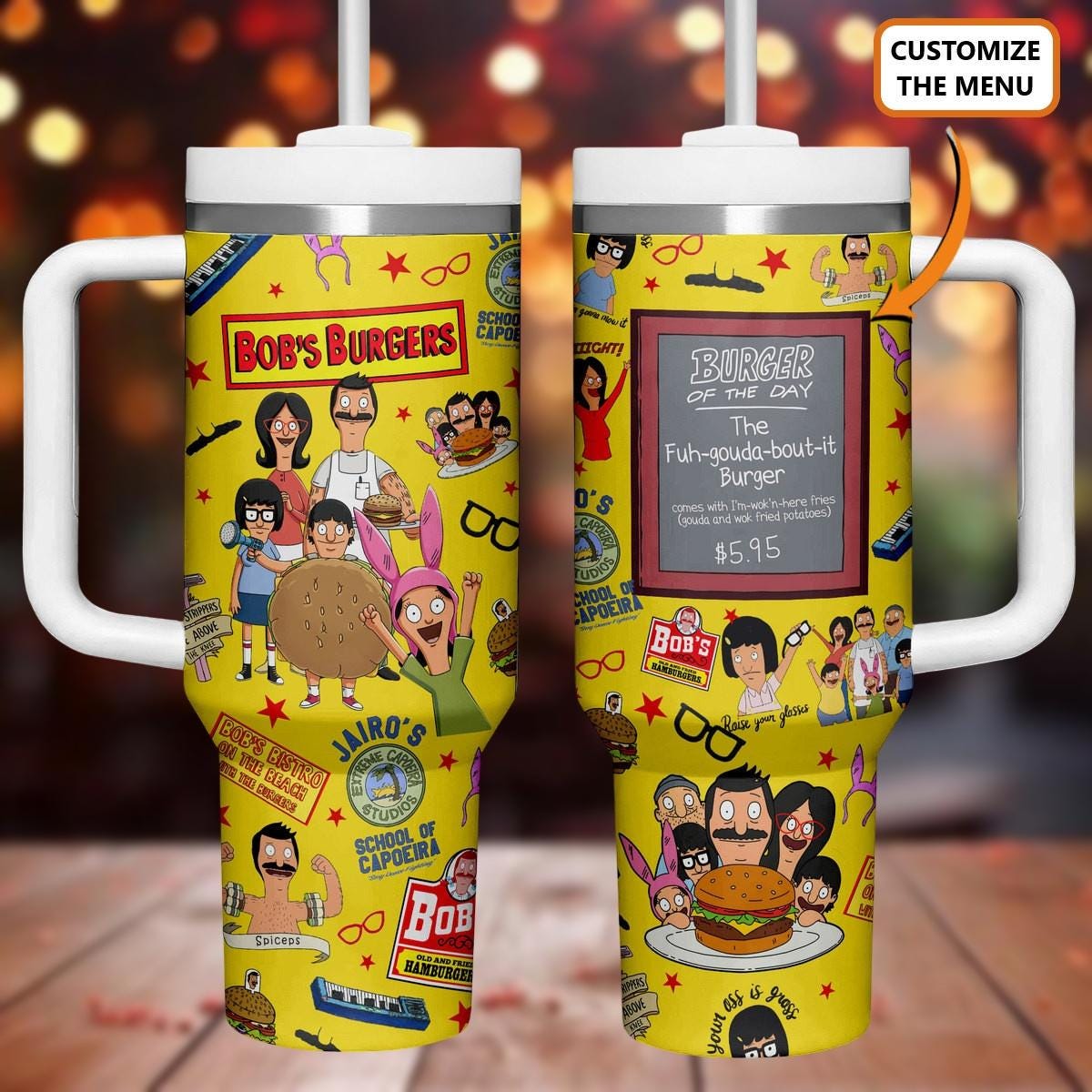 Bob’s Burgers 40oz Tumbler With Handle, Cartoon Family Cup, Custom Bur