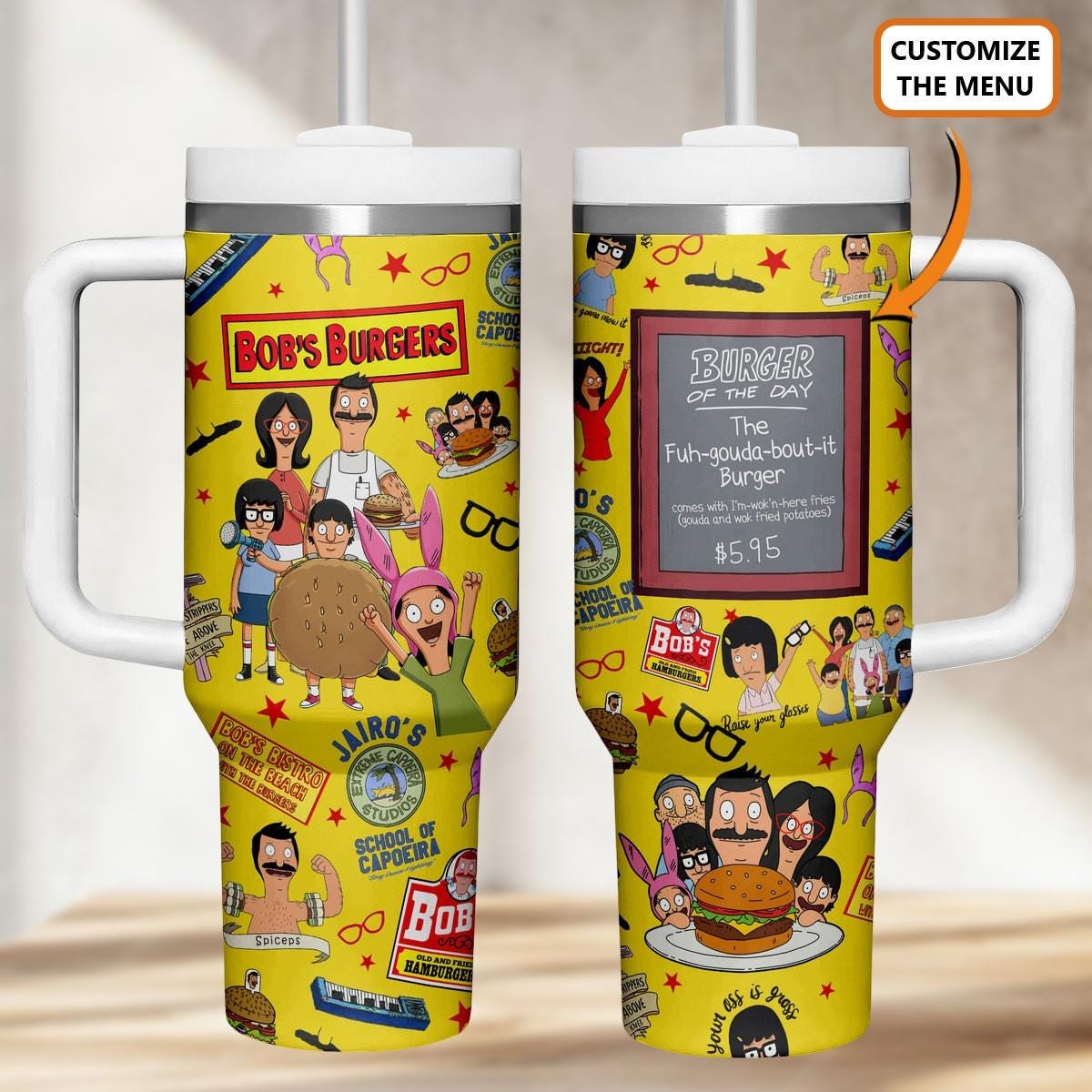 Bob’s Burgers 40oz Tumbler With Handle, Cartoon Family Cup, Custom Bur