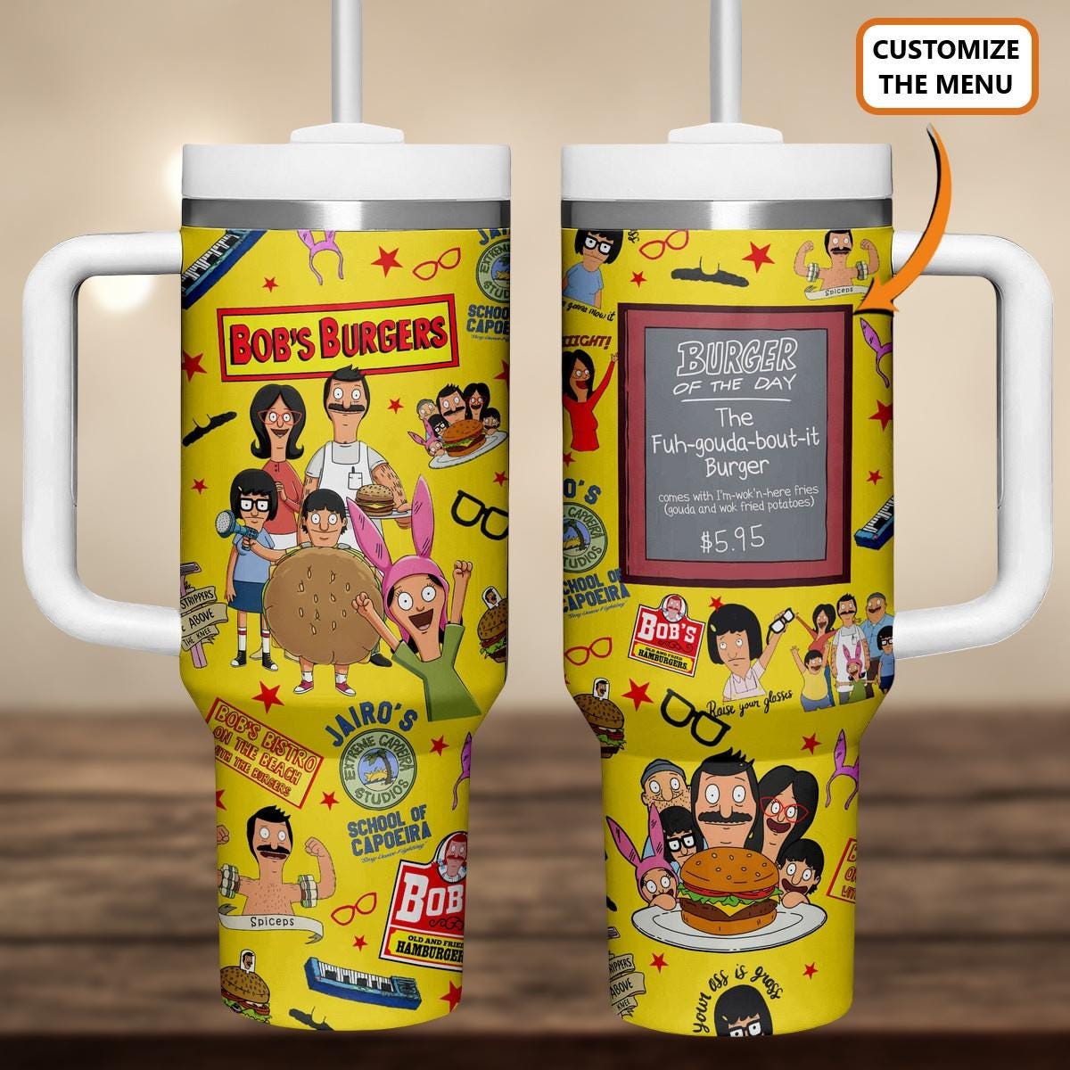 Bob’s Burgers 40oz Tumbler With Handle, Cartoon Family Cup, Custom Bur